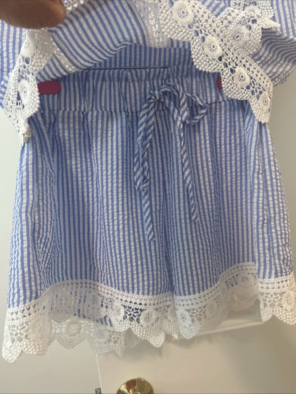 Blue and White Striped Lace-Trim Women's Shorts Set - Picture 2 of 5